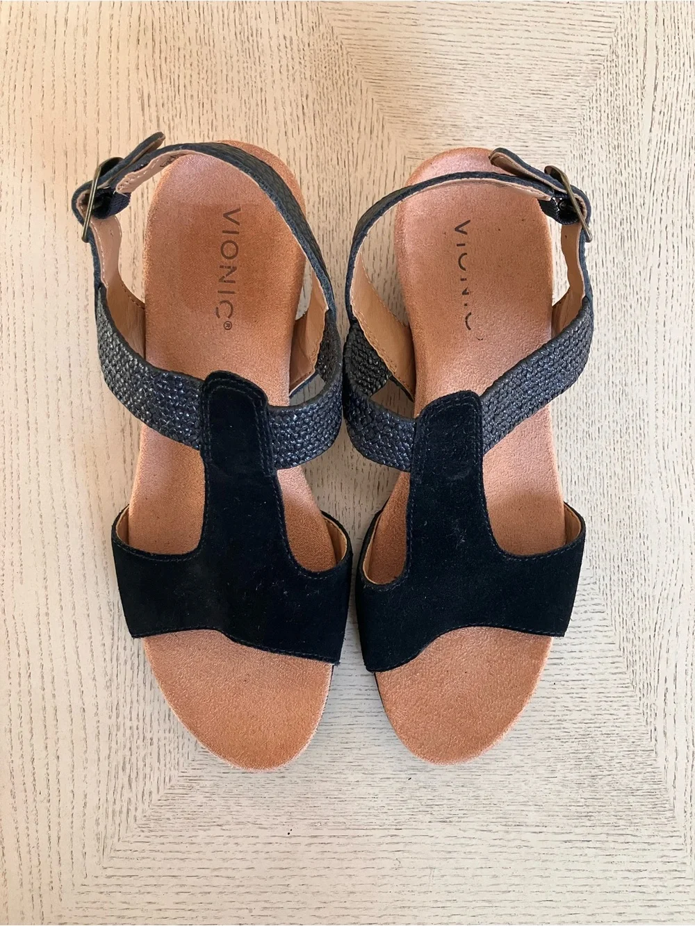 Vionic Kaytie Black Suede Cork Wedge Slingback Sandal